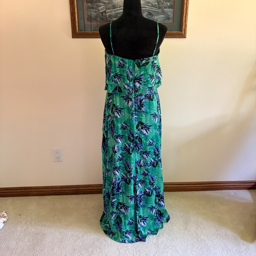 Banana Republic Maxi Dress Womens 8 Green Floral Pleated Tiered Popover Gown - Picture 2 of 6